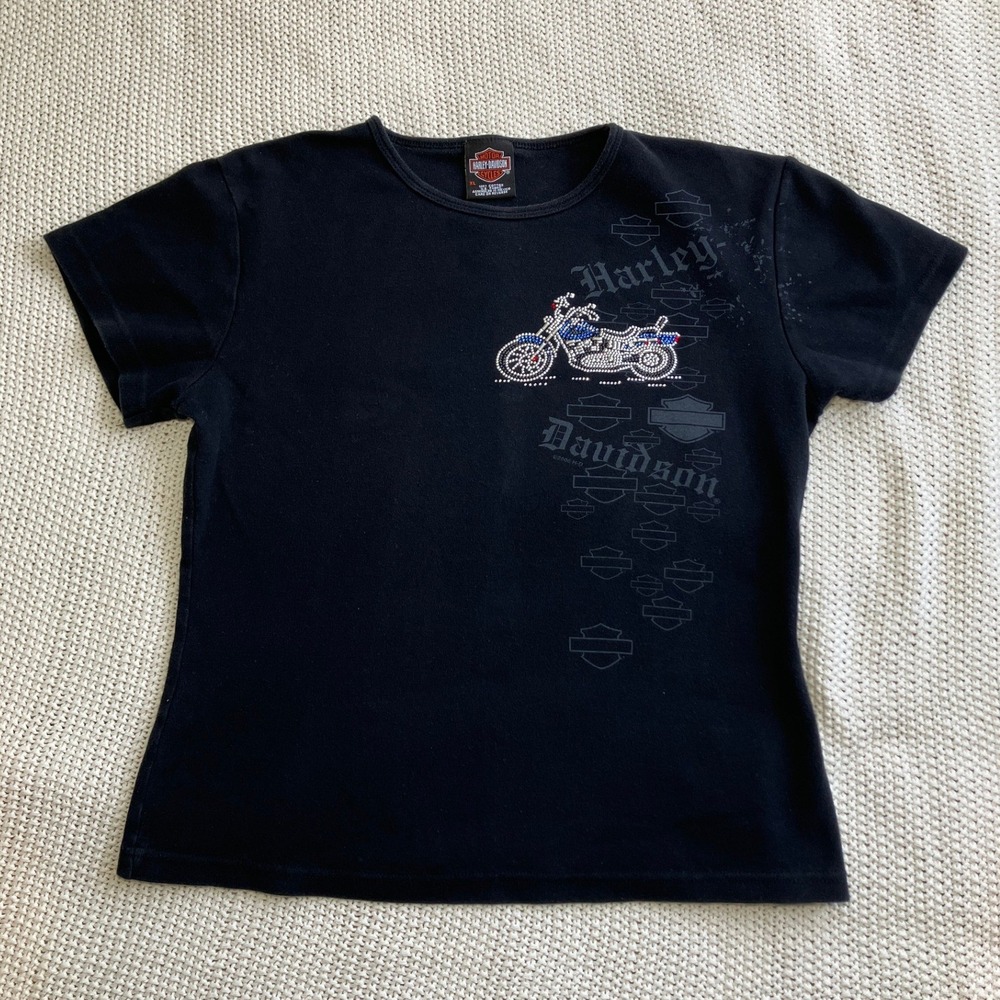 Harley‎ Davidson Womens XL Black Rhinestone Motorcycle T Shirt Bikercore Graphic